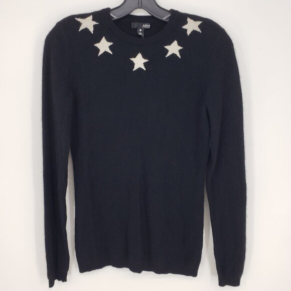 Aqua Star Print 100% Cashmere Pullover Sweater XS Womens  Black - Picture 1 of 9